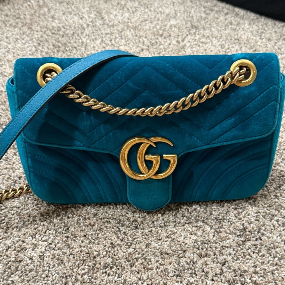 Gucci blue/ Green Marmont Metalasse velvet flap GG very rare color - Picture 1 of 5